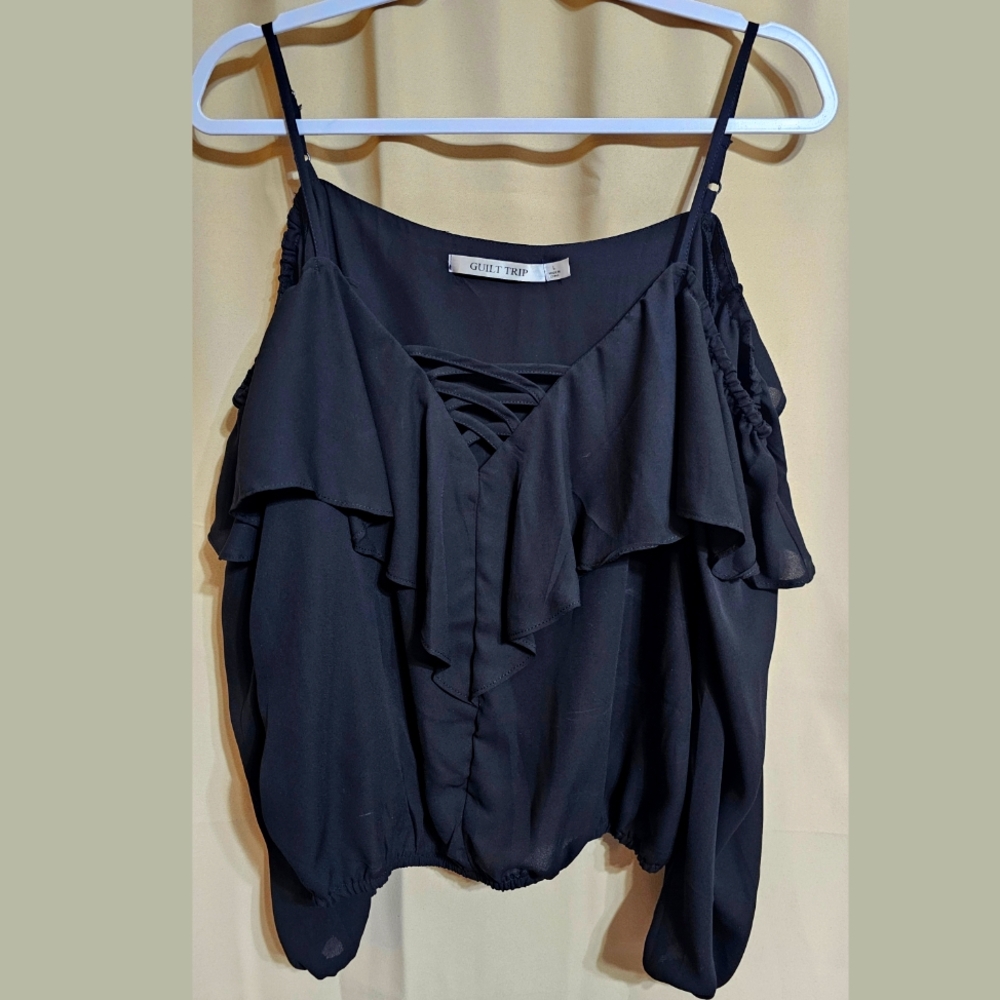 Guilt Trip Chic Black Ruffled Cold Shoulder Sheer Long Sleeve Top